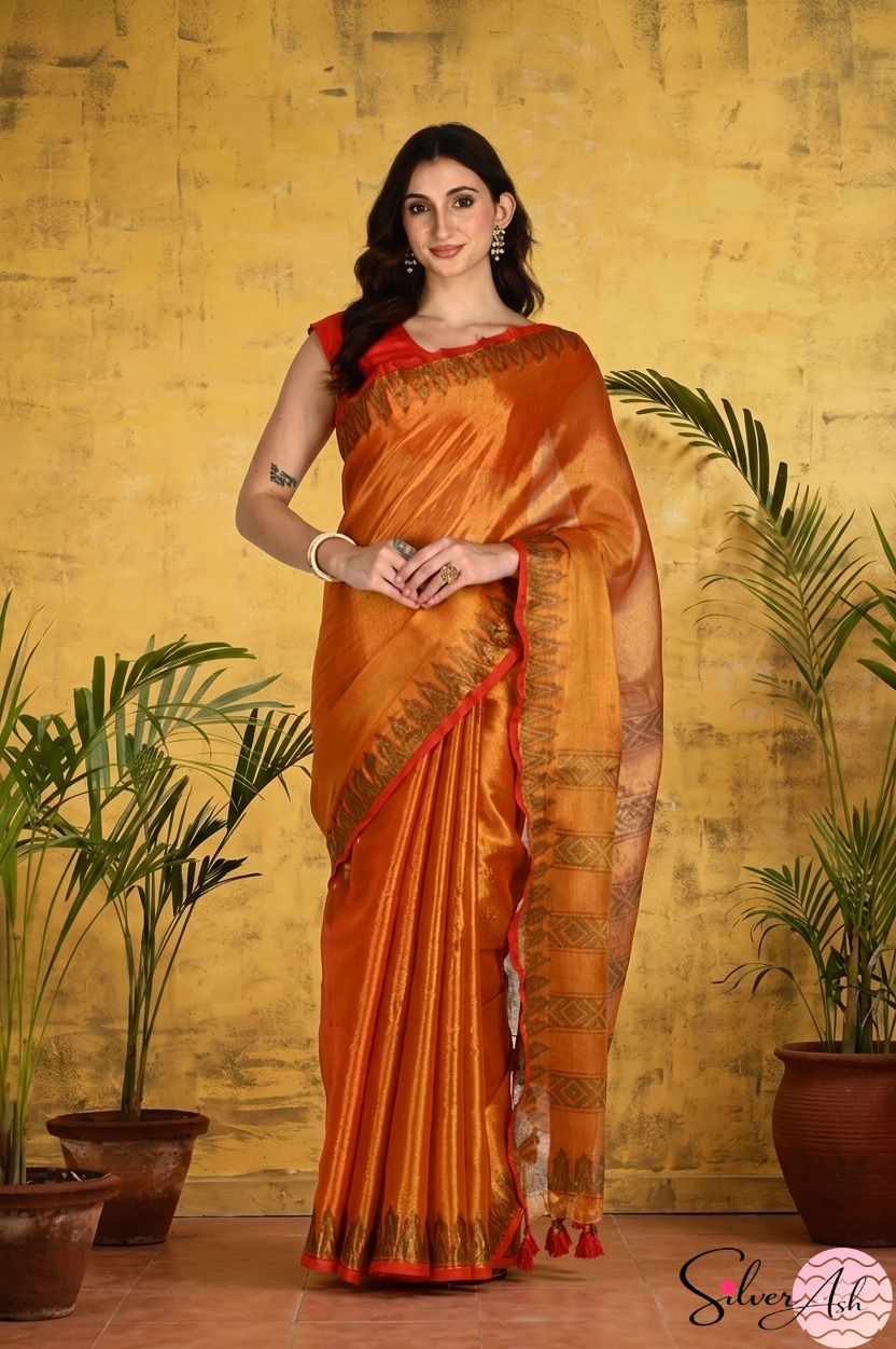 Handblock Printed RAAS Tissue Orange Saree with Blouse Piece