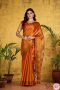 Handblock Printed RAAS Tissue Orange Saree with Blouse Piece