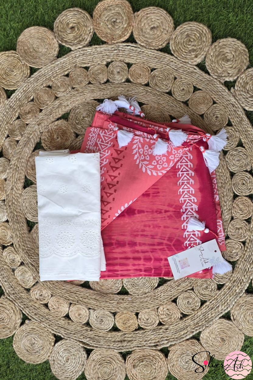 Handblock Printed DHARA MULCOTTON Peach Red Saree with Blouse Piece