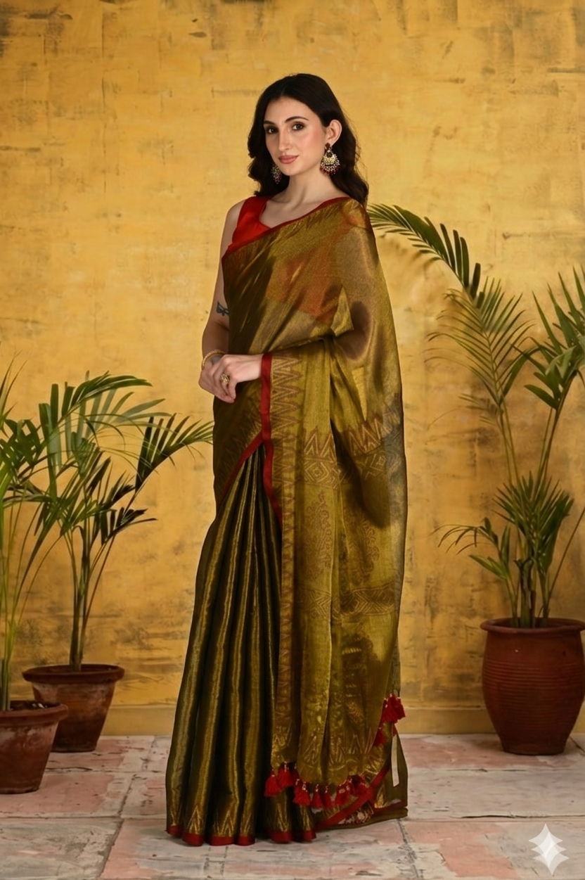 Handblock Printed RAAS Tissue Golden Saree with Blouse Piece