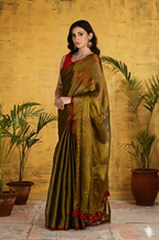 Handblock Printed RAAS Tissue Golden Saree with Blouse Piece