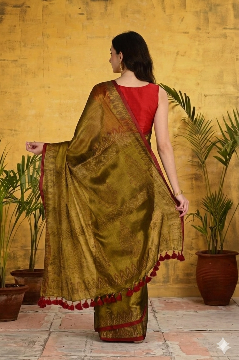 Handblock Printed RAAS Tissue Golden Saree with Blouse Piece