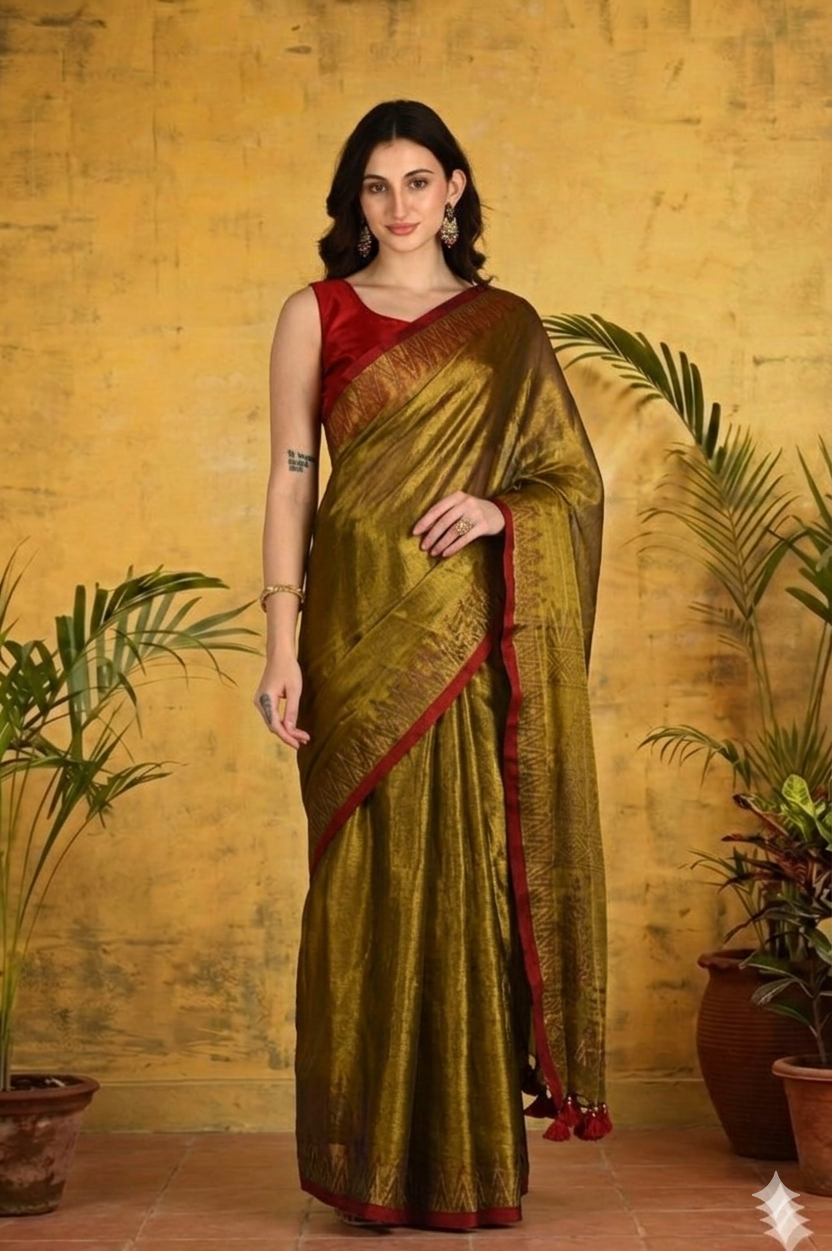 Handblock Printed RAAS Tissue Golden Saree with Blouse Piece