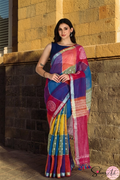 Handblock Printed RANG DE MOHE LINEN BLUE-PURPLE Saree with Blouse Piece