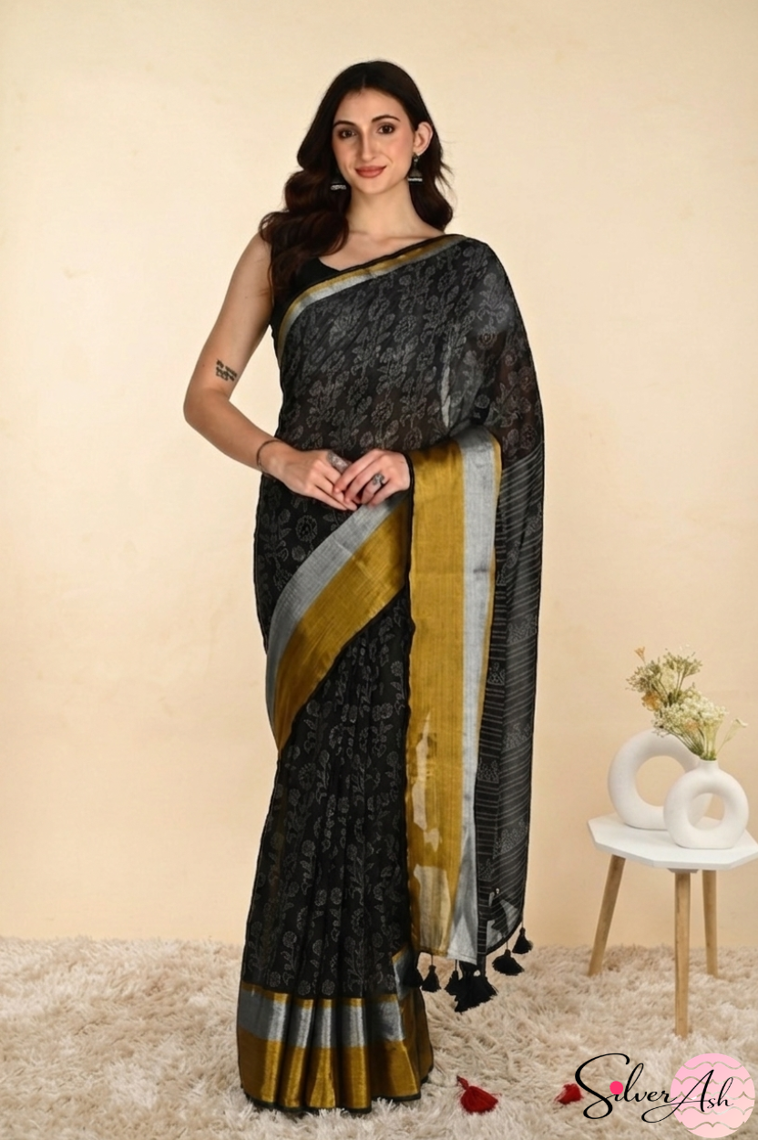 Handblock Printed ALBELI MULCOTTON Black Saree with Blouse Piece
