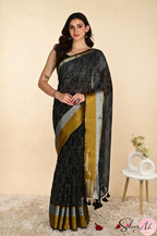 Handblock Printed ALBELI MULCOTTON Black Saree with Blouse Piece