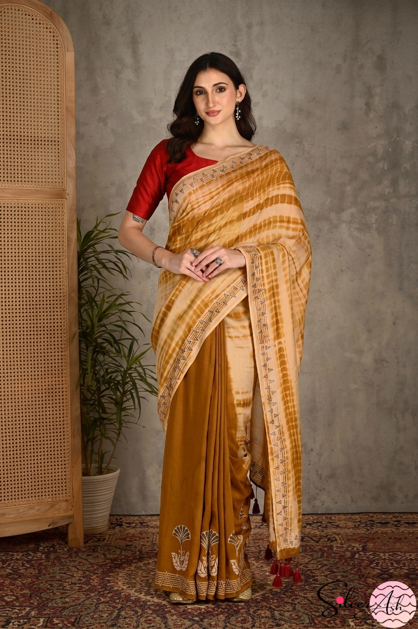 Handblock Printed MAYA MEMSAAB MUSLIN SILK Mustard Saree with Blouse Piece