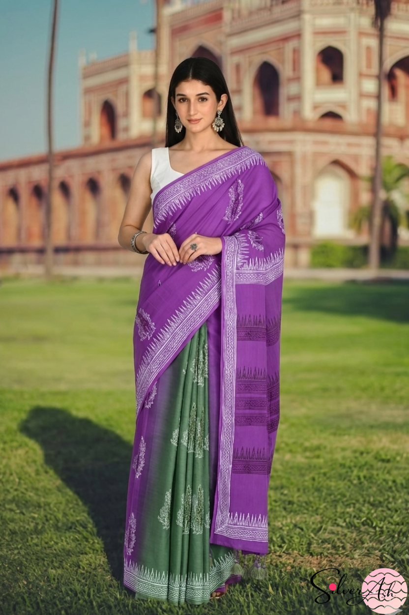 Handblock Printed DIL SE MULCOTTON Purple Green Saree with Blouse Piece