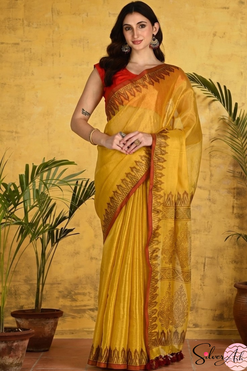 Handblock Printed RAAS Tissue Yellow Saree with Blouse Piece