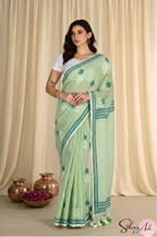 Handblock Printed CHAKOR MULCOTTON Green Light Saree