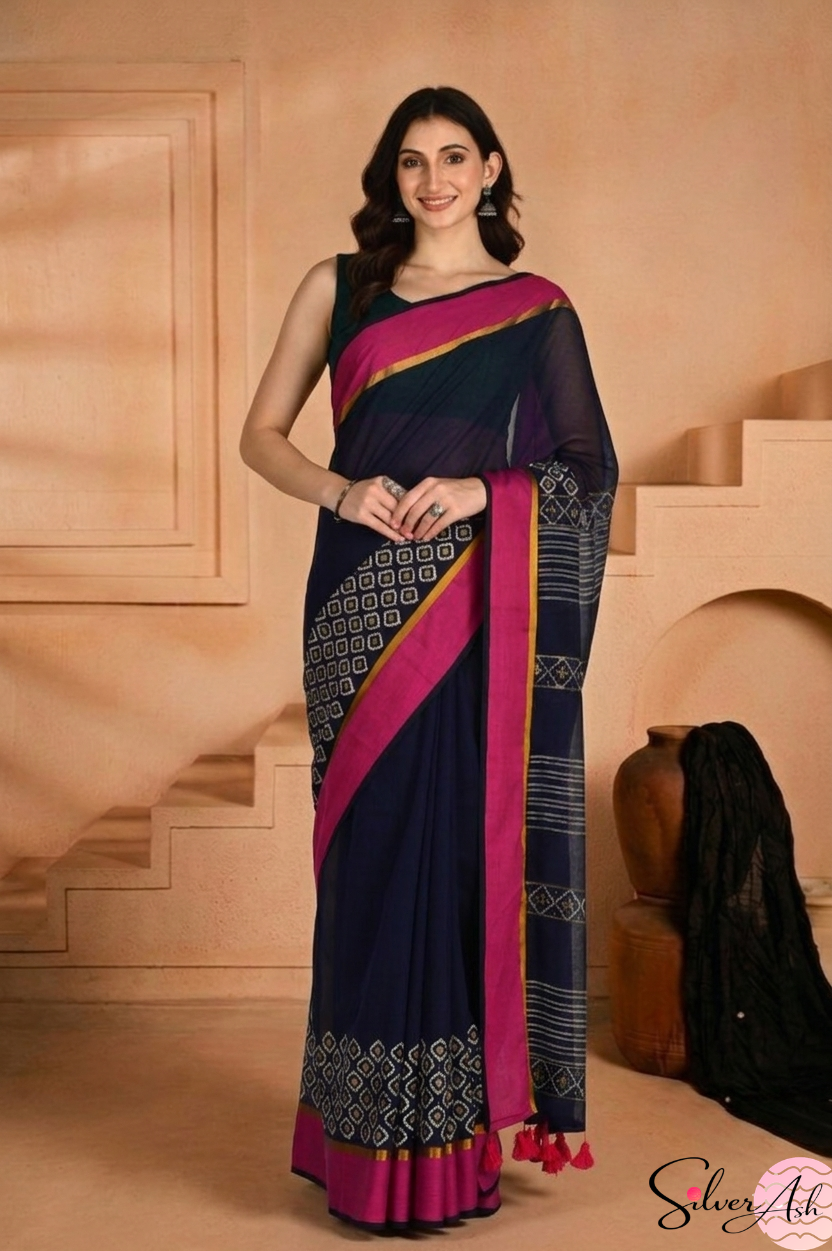 Handblock Printed KASHVI MULCOTTON Blue Saree with Blouse Piece