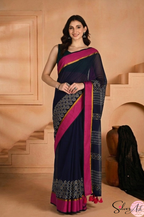 Handblock Printed KASHVI MULCOTTON Blue Saree with Blouse Piece
