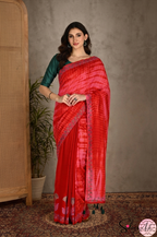 Handblock Printed MAYA MEMSAAB MUSLIN SILK Red Saree with Blouse Piece