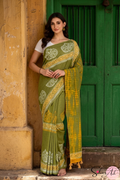 Handblock Printed DHARA MULCOTTON Green Yellow Saree with Blouse Piece