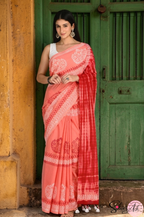 Handblock Printed DHARA MULCOTTON Peach Red Saree with Blouse Piece