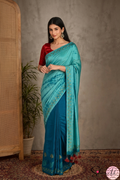 Handblock Printed MAYA MEMSAAB MUSLIN SILK Teal Blue Saree with Blouse Piece