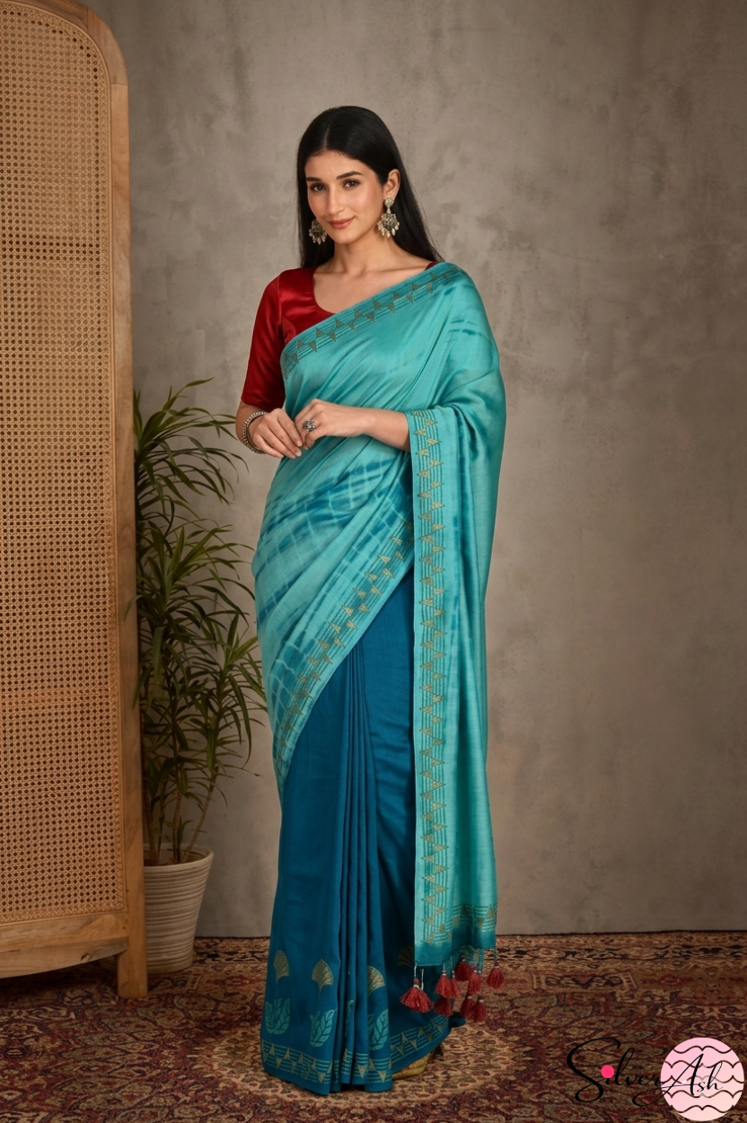 Handblock Printed MAYA MEMSAAB MUSLIN SILK Teal Blue Saree with Blouse Piece