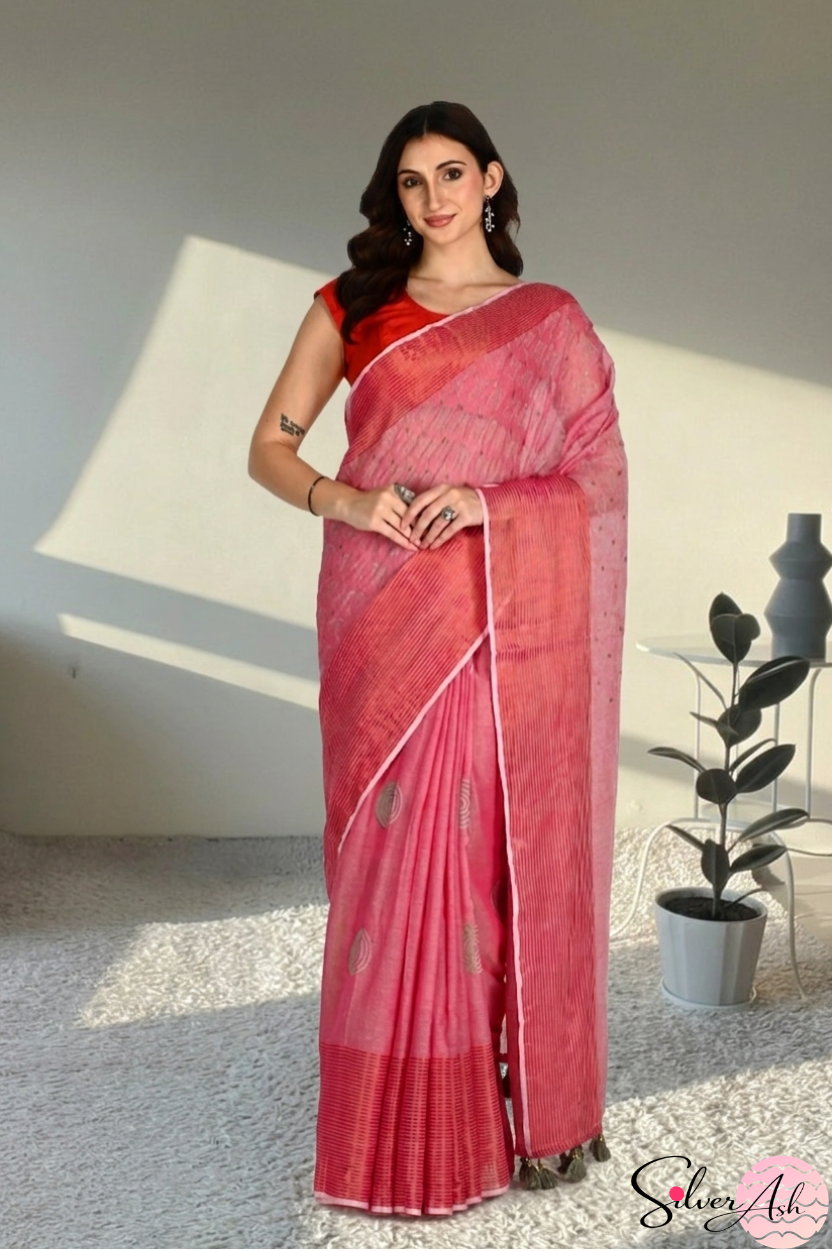 Handblock Printed DIVA MULCOTTON Pink Saree with Blouse Piece