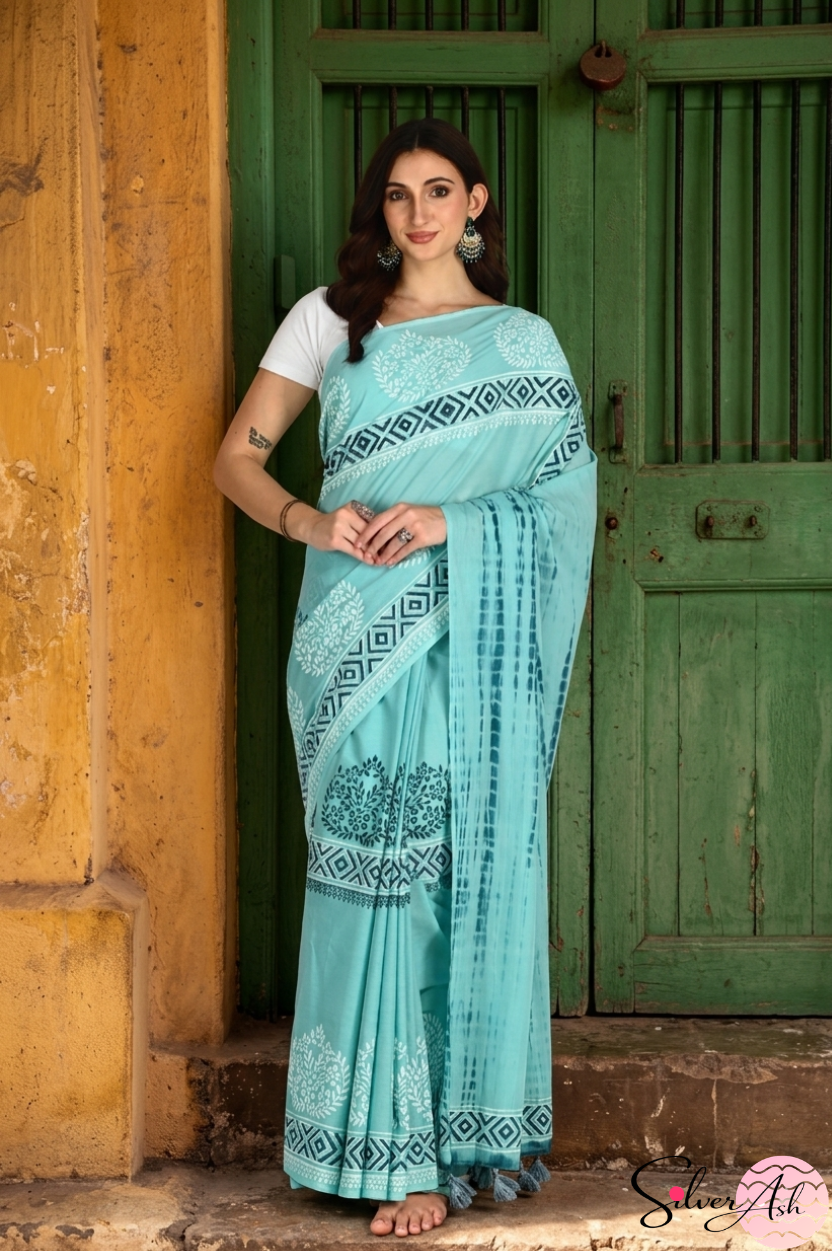 Handblock Printed DHARA MULCOTTON Firozi Blue Saree with Blouse Piece