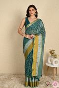 Handblock Printed ALBELI MULCOTTON Green Saree with Blouse Piece