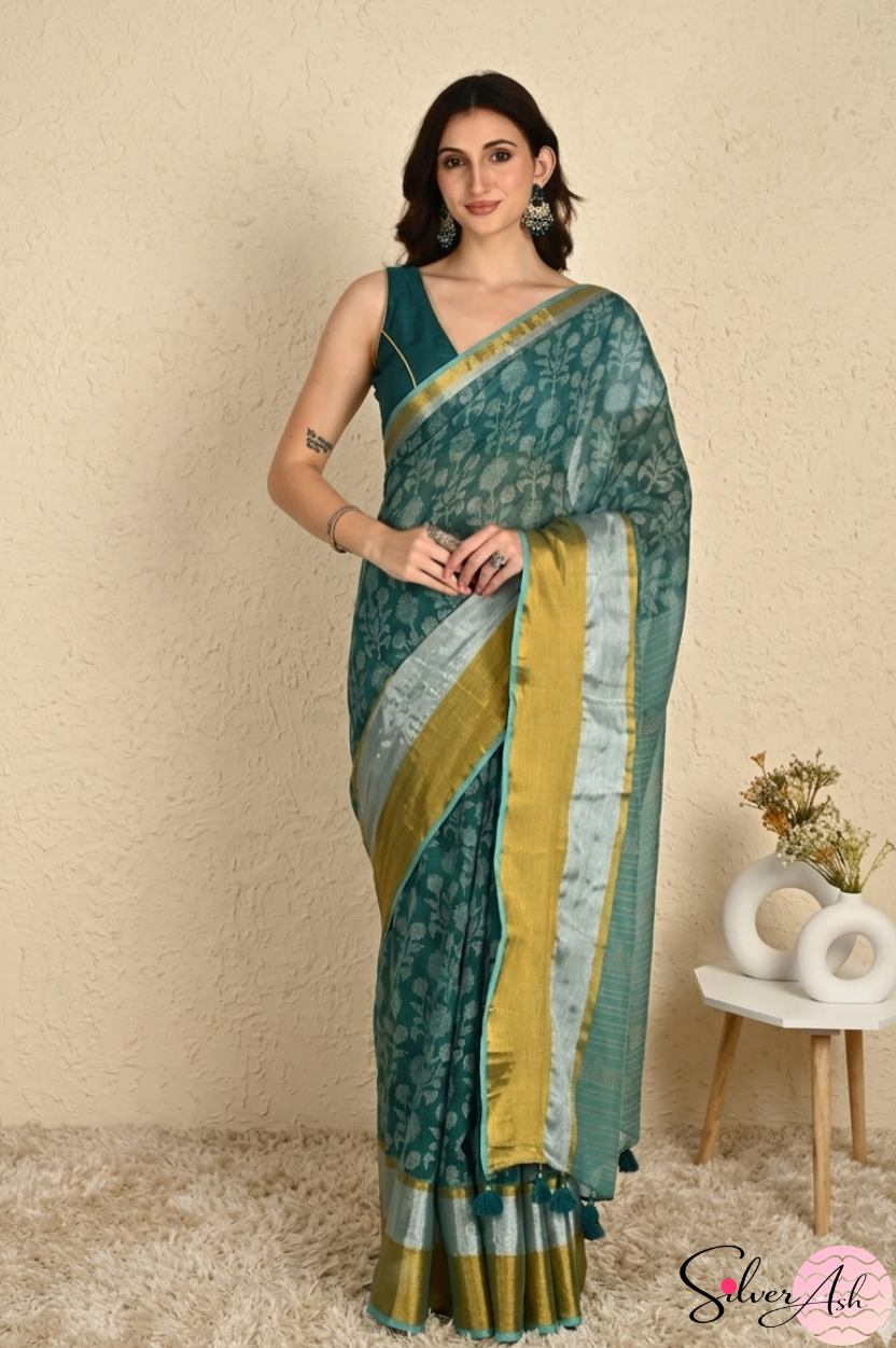 Handblock Printed ALBELI MULCOTTON Green Saree with Blouse Piece