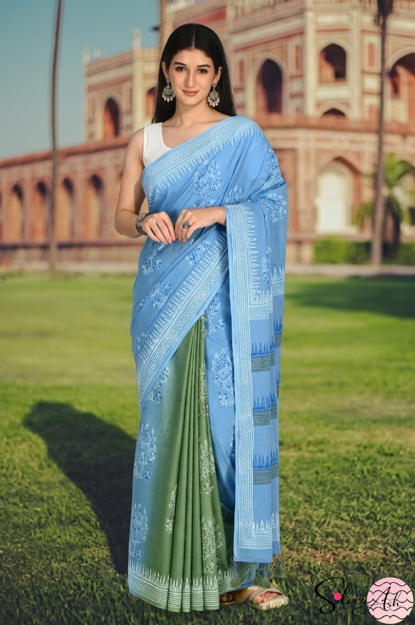 Handblock Printed DIL SE MULCOTTON Blue Green Saree with Blouse Piece