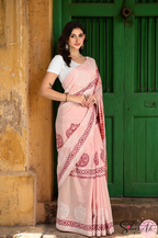 Handblock Printed DHARA MULCOTTON Pink Maroon Saree with Blouse Piece