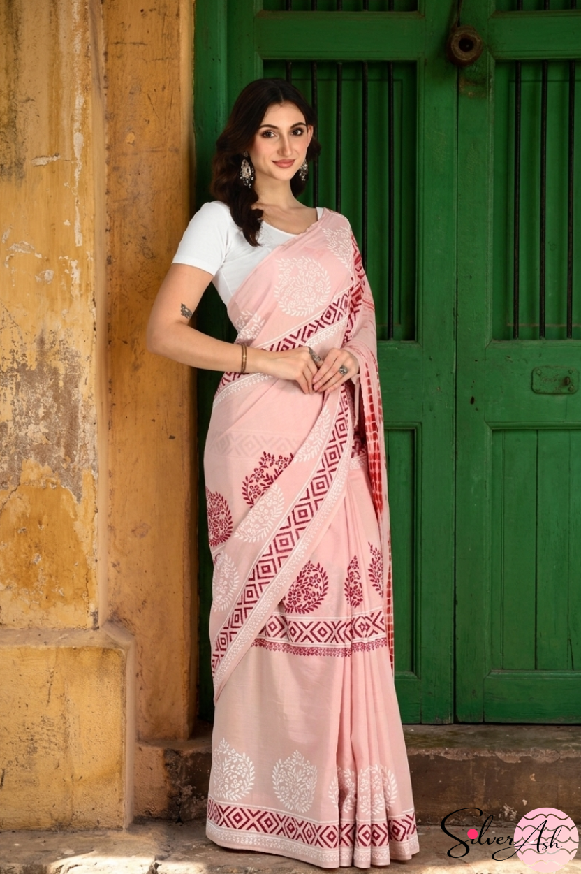 Handblock Printed DHARA MULCOTTON Pink Maroon Saree with Blouse Piece