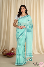 Handblock Printed CHAKOR MULCOTTON Green Saree