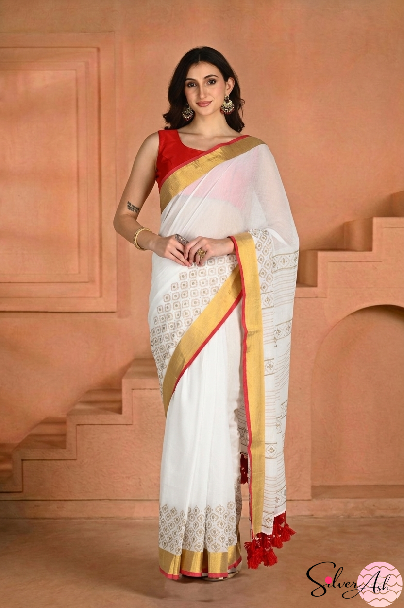 Handblock Printed KASHVI MULCOTTON White Saree with Blouse Piece