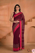 Handblock Printed KASHVI MULCOTTON Wine Saree with Blouse Piece