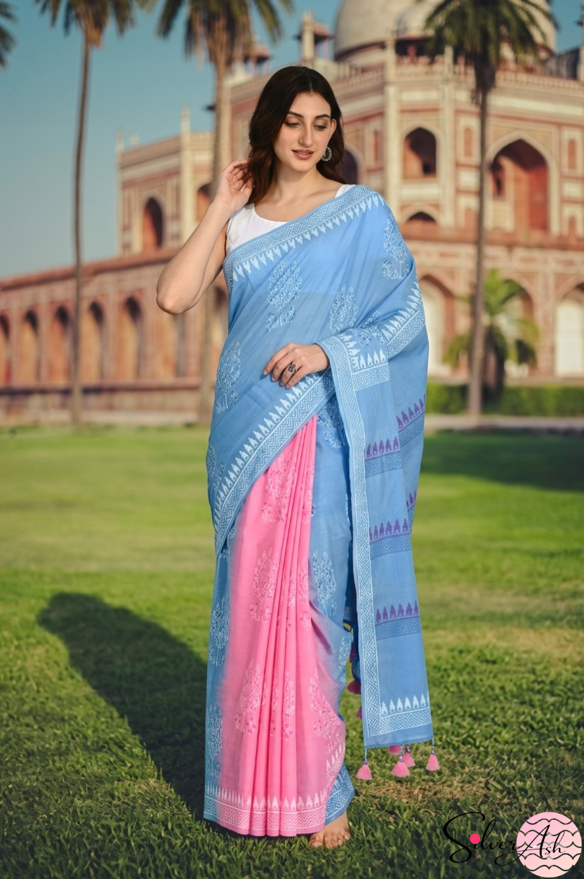 Handblock Printed DIL SE MULCOTTON Blue Pink Saree with Blouse Piece