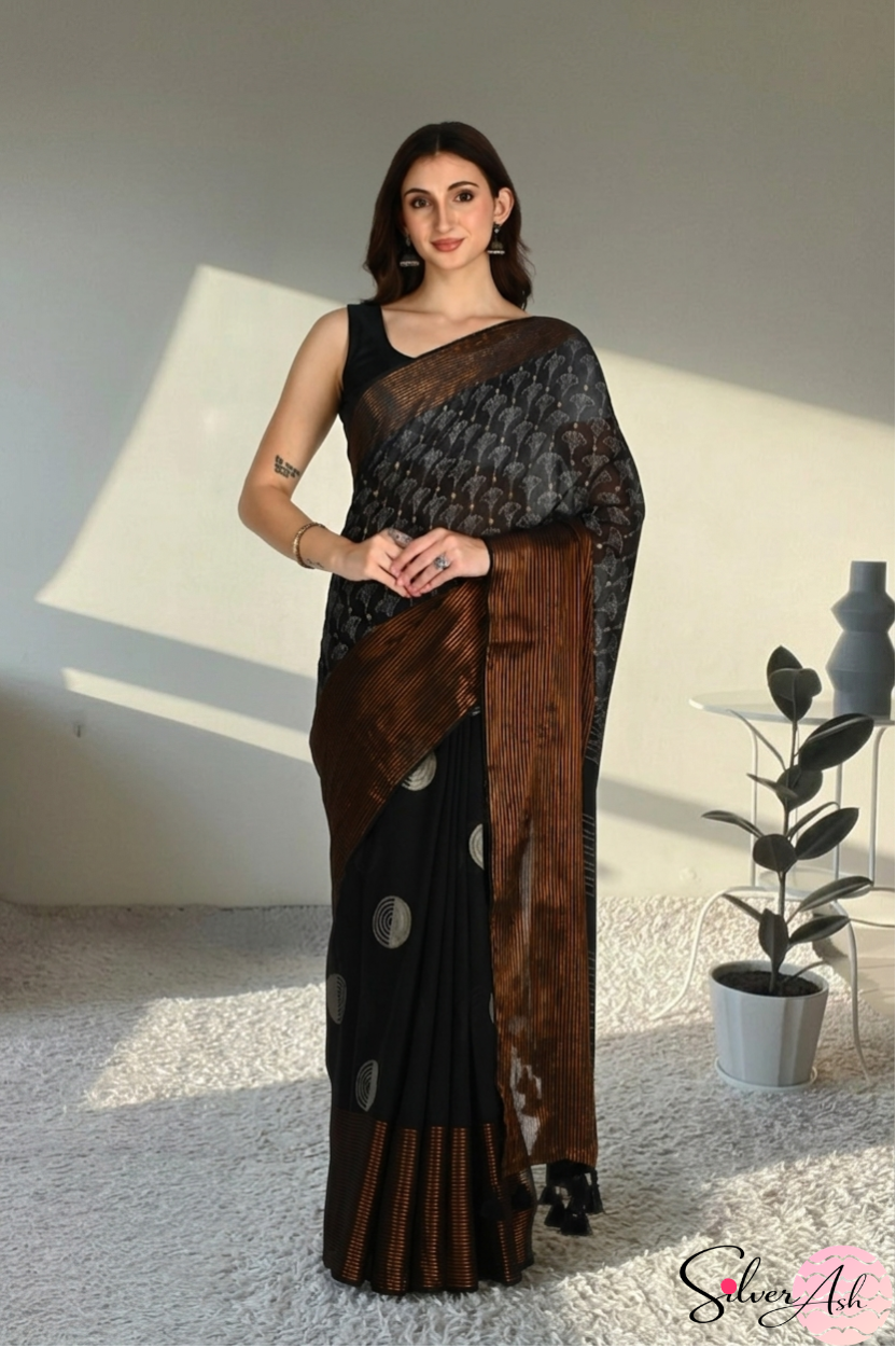 Handblock Printed DIVA MULCOTTON Black Saree with Blouse Piece