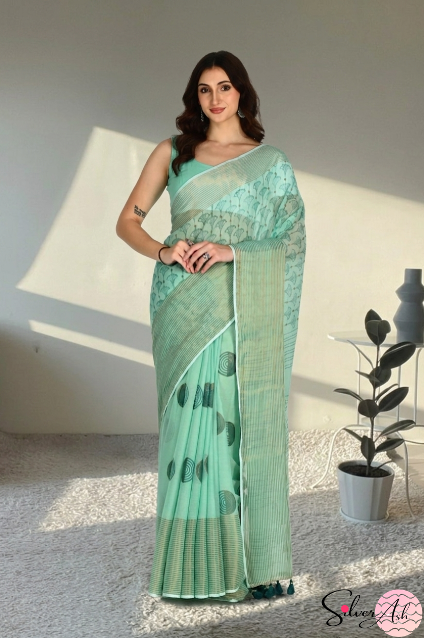 Handblock Printed DIVA MULCOTTON Green Saree with Blouse Piece