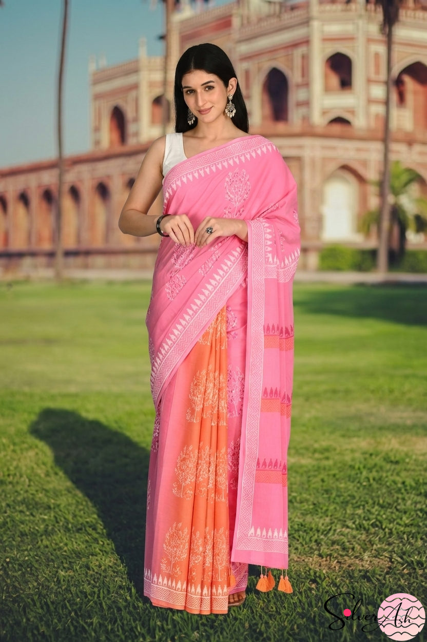 Handblock Printed DIL SE MULCOTTON Pink Orange Saree with Blouse Piece