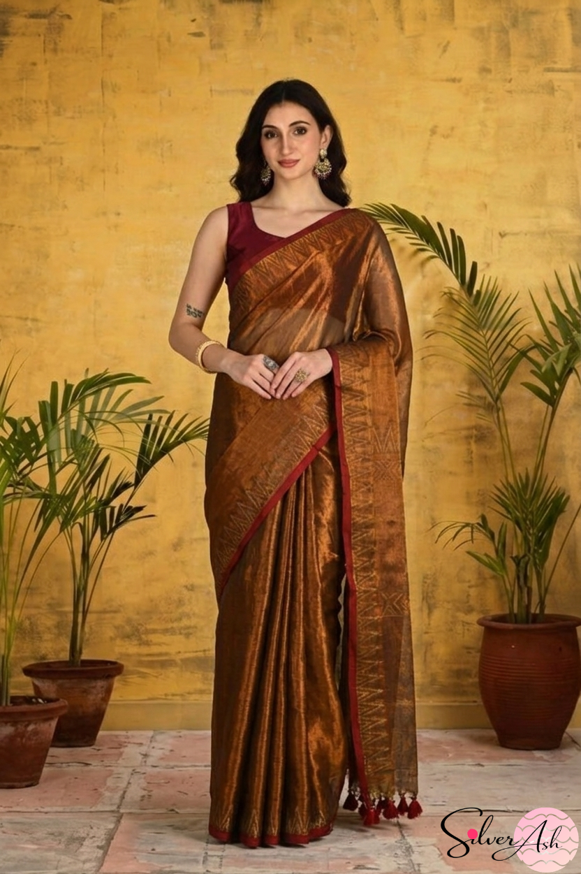 Handblock Printed RAAS Tissue Copper Saree with Blouse Piece