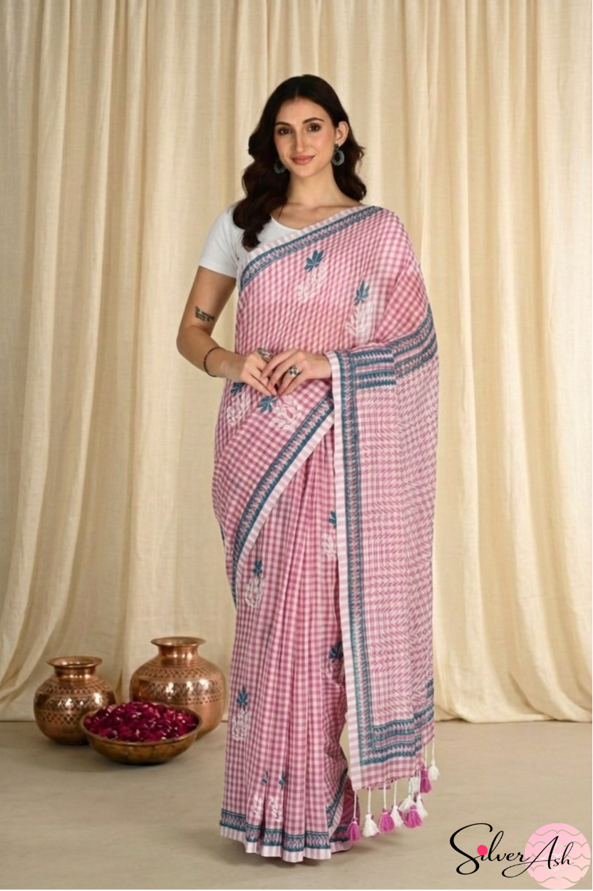 Handblock Printed CHAKOR MULCOTTON Pink Saree