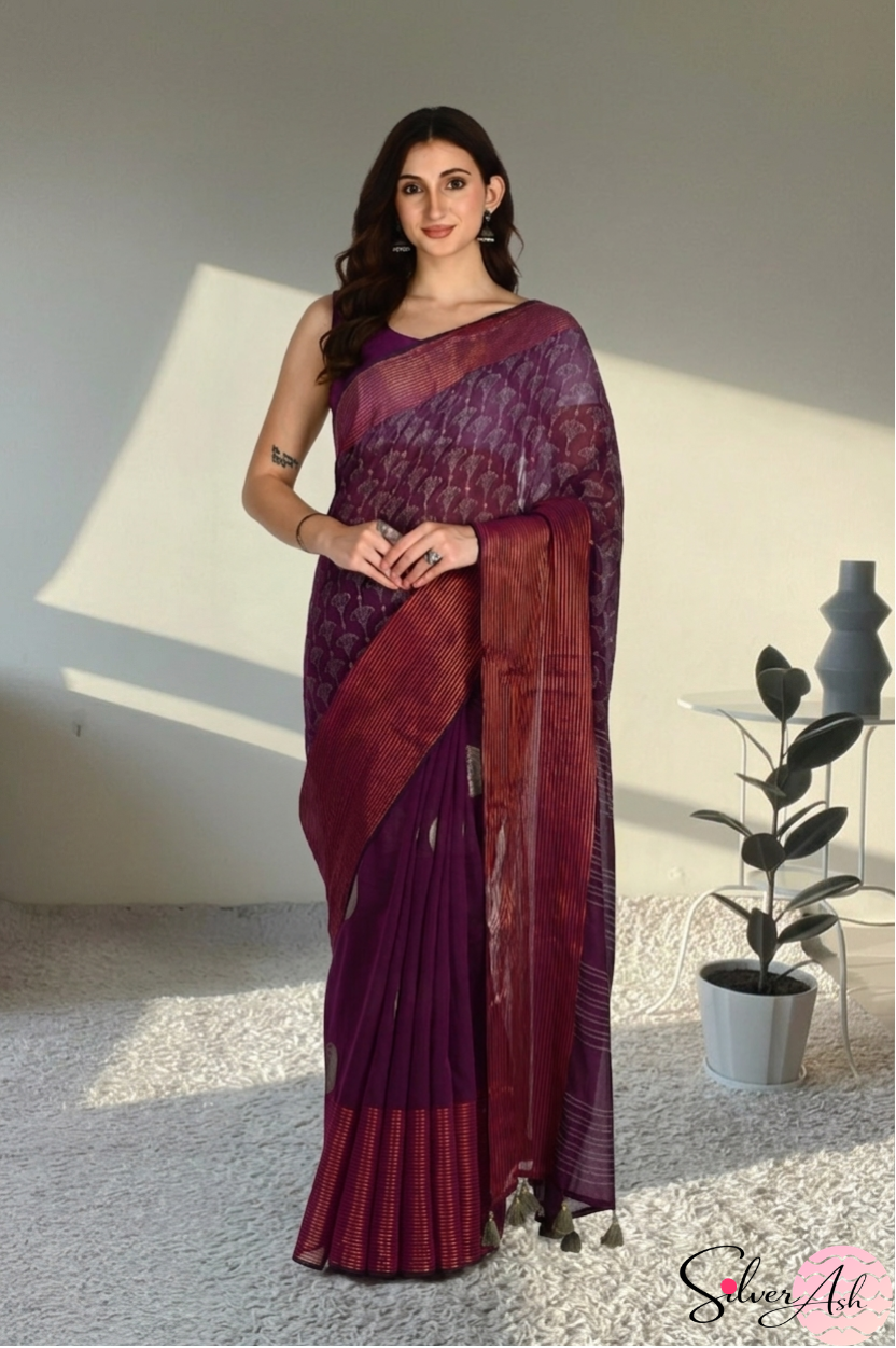 Handblock Printed DIVA MULCOTTON Wine Saree with Blouse Piece
