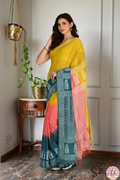 Handblock Printed TRIYA MULCOTTON Peach Saree with Blouse Piece