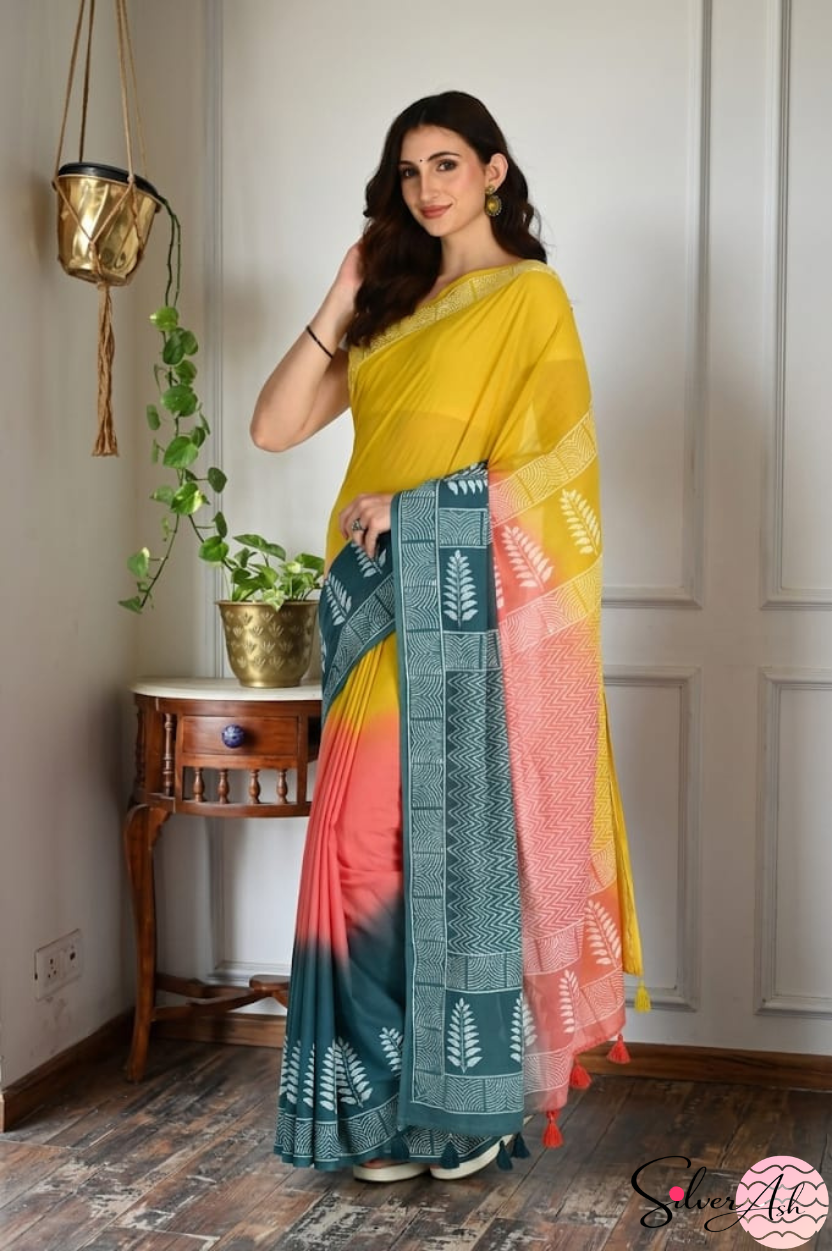 Handblock Printed TRIYA MULCOTTON Peach Saree with Blouse Piece