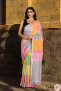 Handblock Printed RANG DE MOHE LINEN GREEN-PINK Saree with Blouse Piece