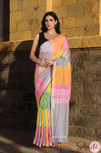 Handblock Printed RANG DE MOHE LINEN GREEN-PINK Saree with Blouse Piece