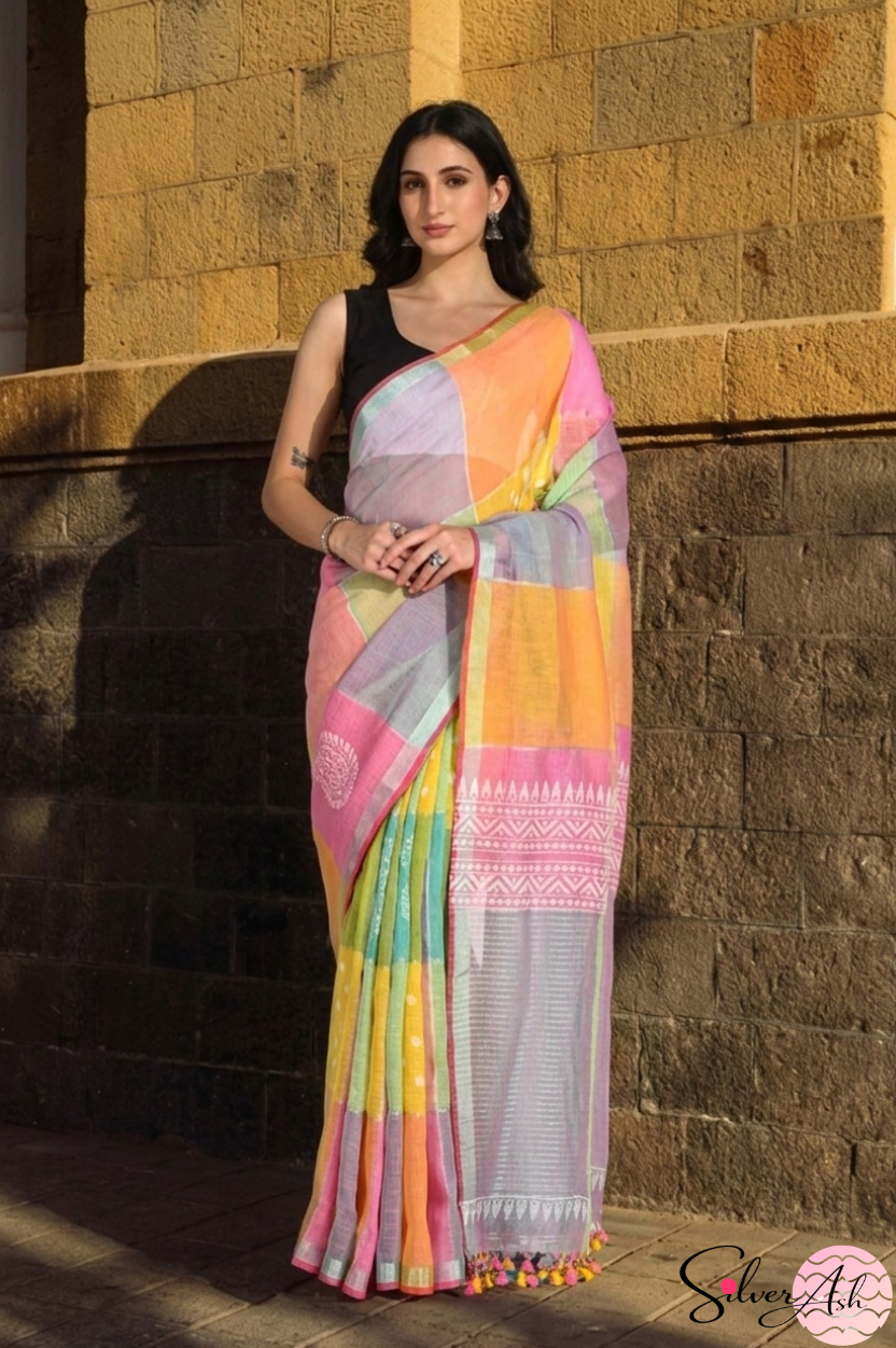 Handblock Printed RANG DE MOHE LINEN GREEN-PINK Saree with Blouse Piece
