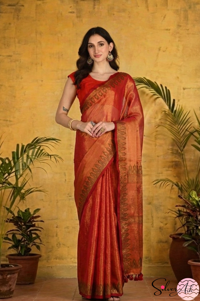 Handblock Printed RAAS Tissue Red Saree with Blouse Piece