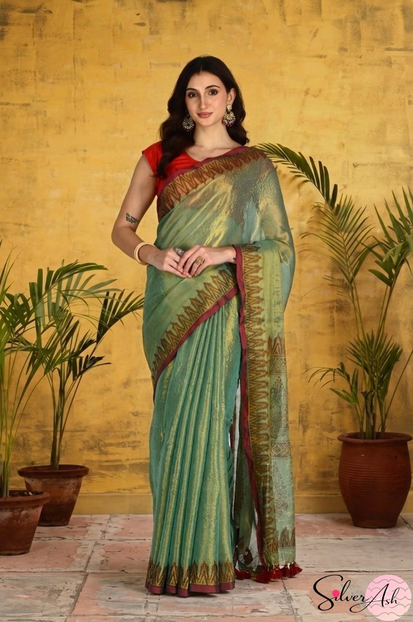 Handblock Printed RAAS Tissue Green Saree with Blouse Piece