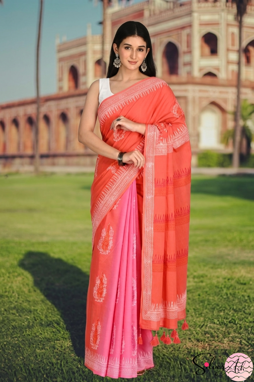 Handblock Printed DIL SE MULCOTTON Peach Pink Saree with Blouse Piece