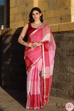 Handblock Printed RANG DE MOHE LINEN PINK-RED Saree with Blouse Piece