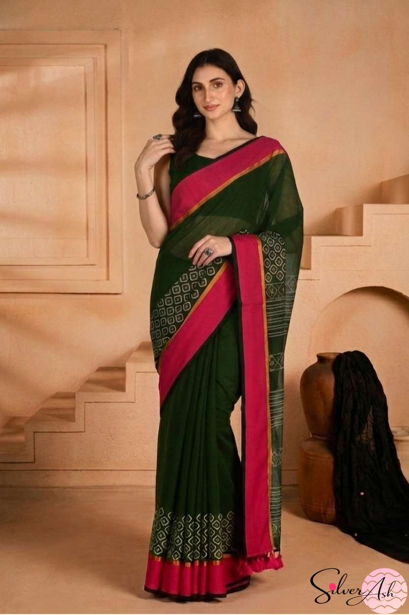Handblock Printed KASHVI MULCOTTON Green Saree with Blouse Piece