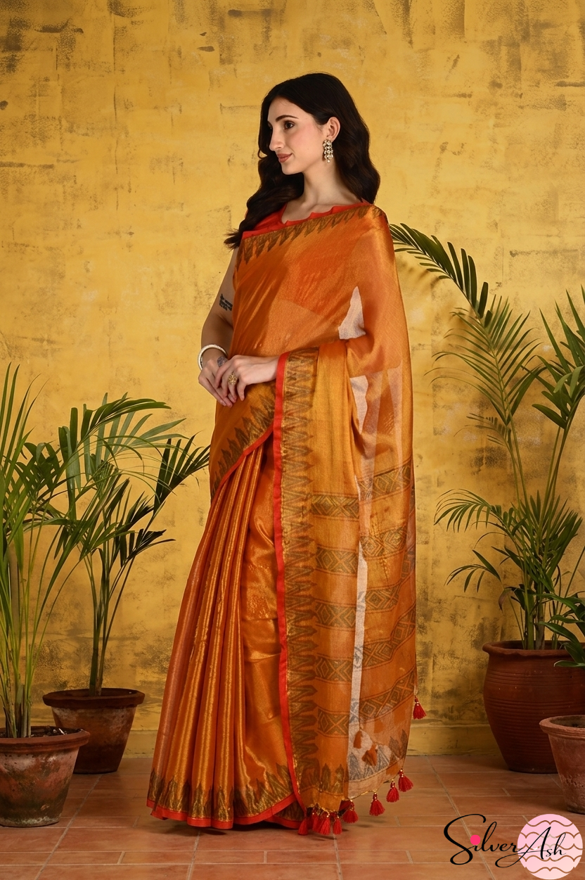Handblock Printed RAAS Tissue Orange Saree with Blouse Piece