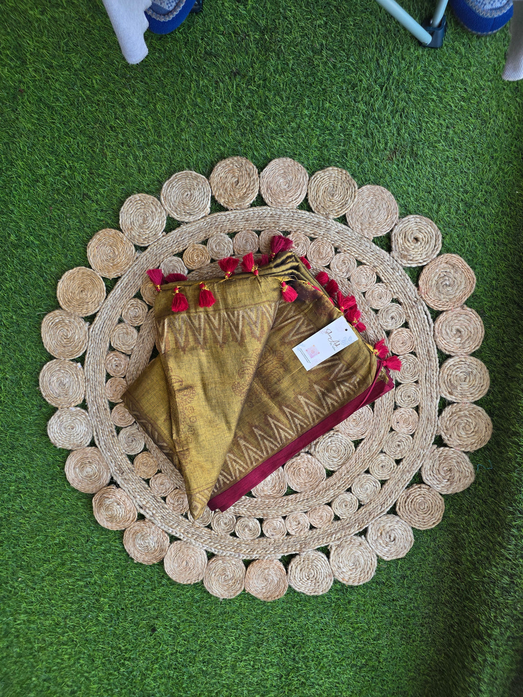 Handblock Printed RAAS Tissue Golden Saree with Blouse Piece